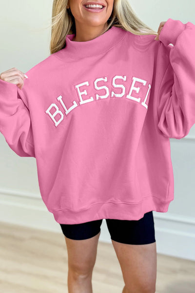 Women's Cozy Women's Bright Pink Oversized Mock Neck Sweatshirt with Blessed Embroidery for Casual Chic Style