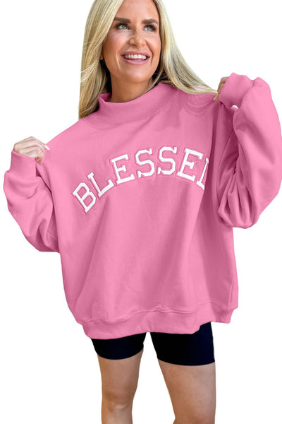 Women's Cozy Women's Bright Pink Oversized Mock Neck Sweatshirt with Blessed Embroidery for Casual Chic Style