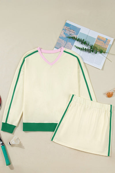 Women's Cream and Emerald Colorblock V-Neck Pullover Skort Set