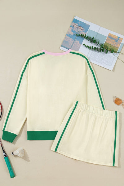 Women's Cream and Emerald Colorblock V-Neck Pullover Skort Set