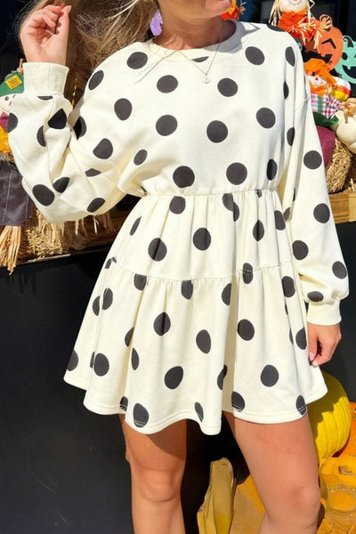 Women's Cream Polka Dot Long Sleeve Tiered Mini Dress