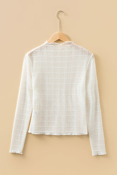 Women's Cream Sheer Plaid Mesh Long Sleeve Top with Lettuce Trim