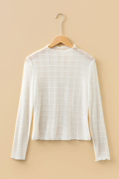 Women's Cream Sheer Plaid Mesh Long Sleeve Top with Lettuce Trim