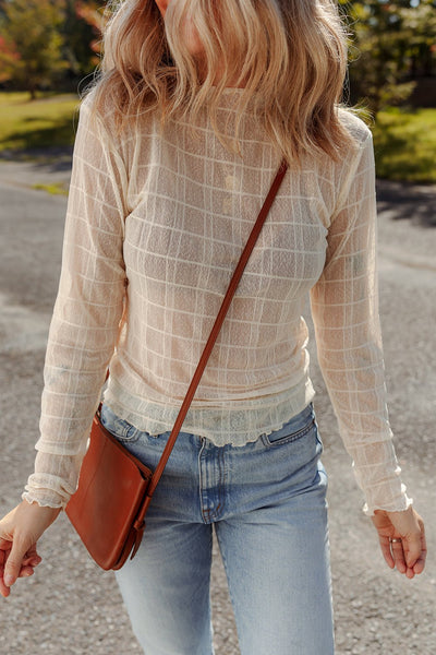 Women's Cream Sheer Plaid Mesh Long Sleeve Top with Lettuce Trim