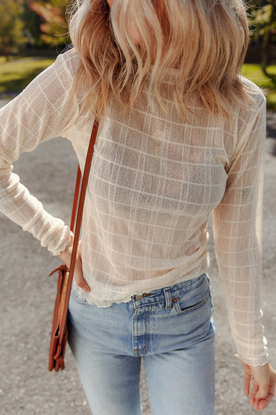 Women's Cream Sheer Plaid Mesh Long Sleeve Top with Lettuce Trim