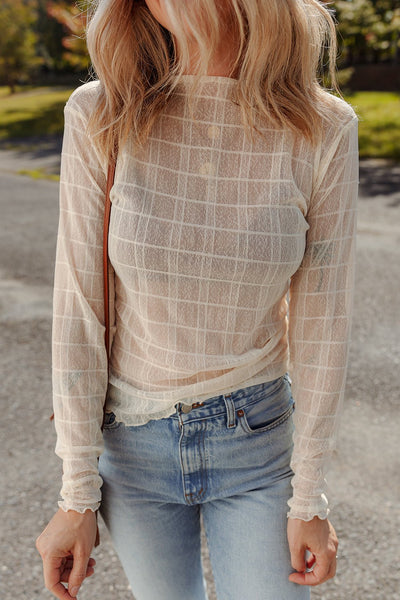 Women's Cream Sheer Plaid Mesh Long Sleeve Top with Lettuce Trim