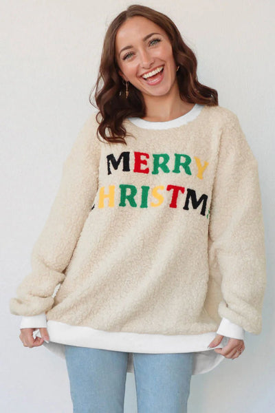 Women's Cream Sherpa Christmas Sweatshirt with Multi-Color Embroidery