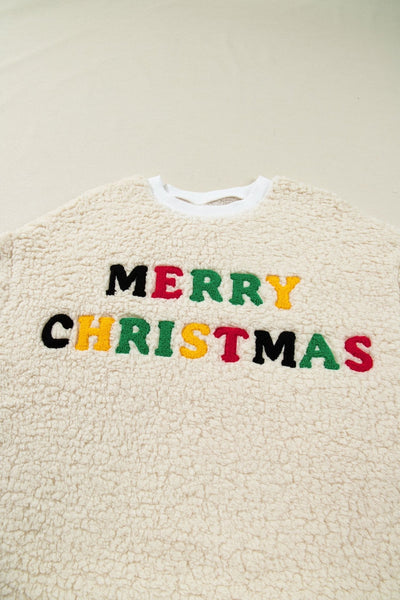Women's Cream Sherpa Christmas Sweatshirt with Multi-Color Embroidery