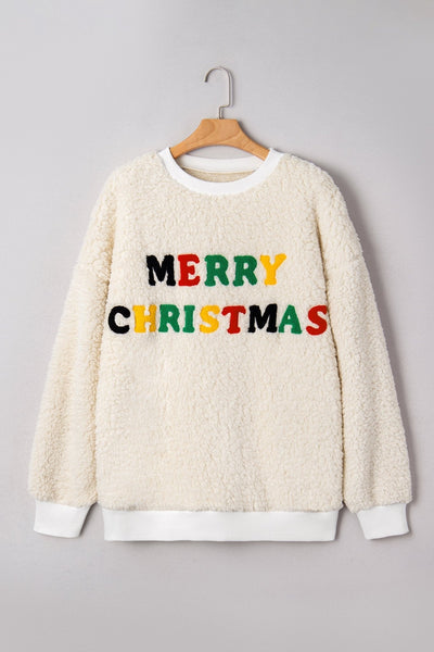 Women's Cream Sherpa Christmas Sweatshirt with Multi-Color Embroidery
