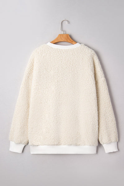 Women's Cream Sherpa Christmas Sweatshirt with Multi-Color Embroidery