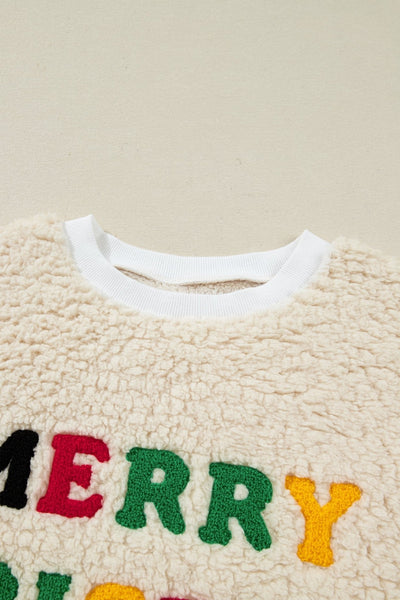Women's Cream Sherpa Christmas Sweatshirt with Multi-Color Embroidery