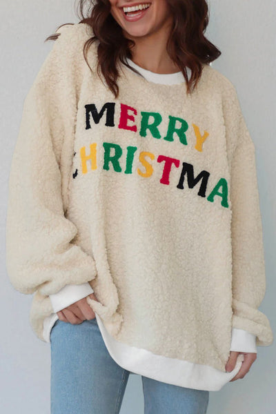 Women's Cream Sherpa Christmas Sweatshirt with Multi-Color Embroidery