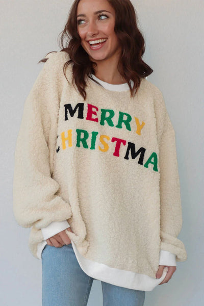 Women's Cream Sherpa Christmas Sweatshirt with Multi-Color Embroidery