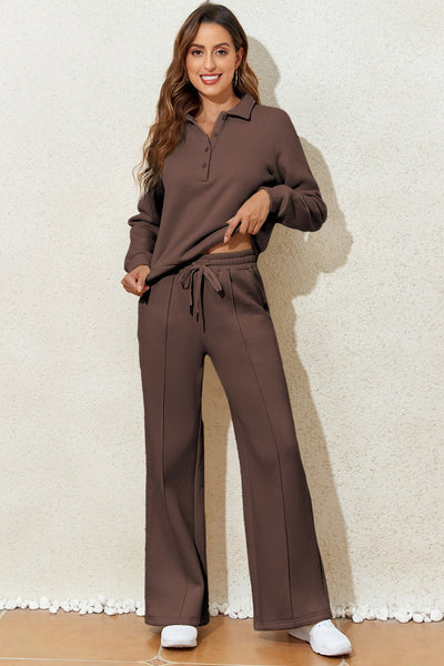 Women's Dark Brown Collared Pullover and Wide-Leg Pant Set with practical styling and dependable silhouette control.