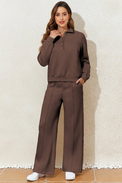 Women's Dark Brown Collared Pullover and Wide-Leg Pant Set with practical styling and dependable silhouette control.