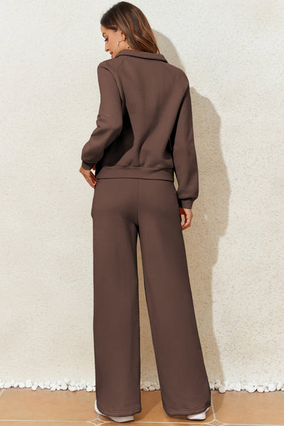 Women's Dark Brown Collared Pullover and Wide-Leg Pant Set with practical styling and dependable silhouette control.