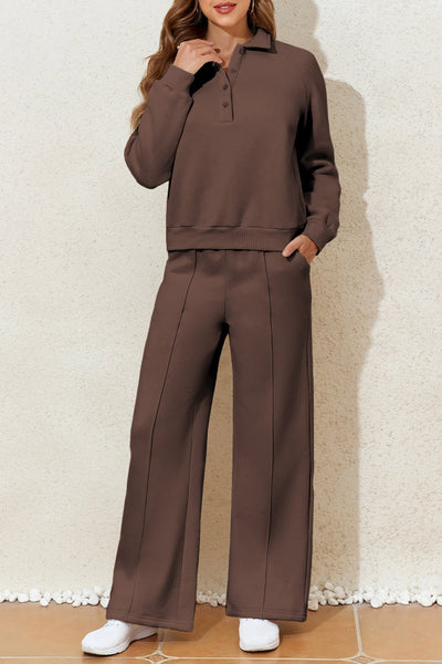 Women's Dark Brown Collared Pullover and Wide-Leg Pant Set with practical styling and dependable silhouette control.