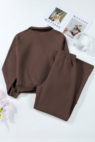 Women's Dark Brown Collared Pullover and Wide-Leg Pant Set with practical styling and dependable silhouette control.