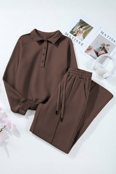 Women's Dark Brown Collared Pullover and Wide-Leg Pant Set with practical styling and dependable silhouette control.