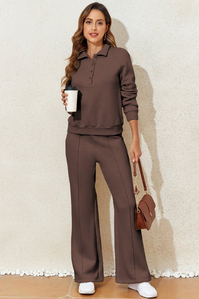 Women's Dark Brown Collared Pullover and Wide-Leg Pant Set with practical styling and dependable silhouette control.