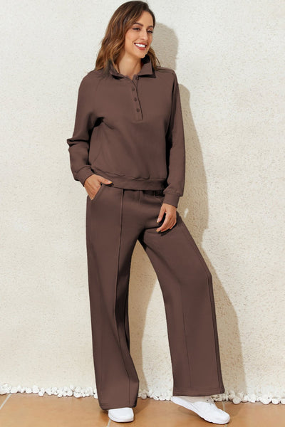 Women's Dark Brown Collared Pullover and Wide-Leg Pant Set with practical styling and dependable silhouette control.