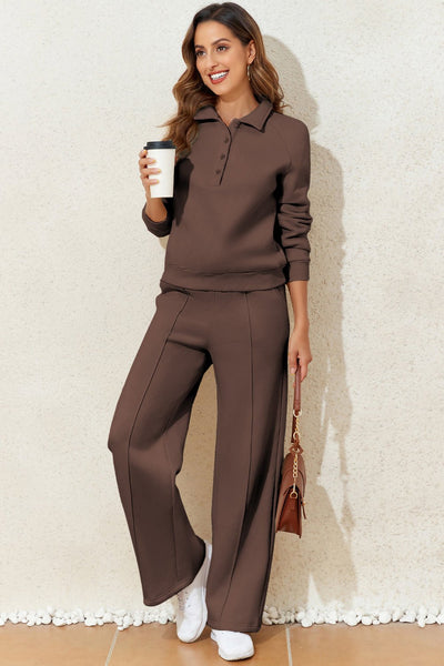Women's Dark Brown Collared Pullover and Wide-Leg Pant Set with practical styling and dependable silhouette control.