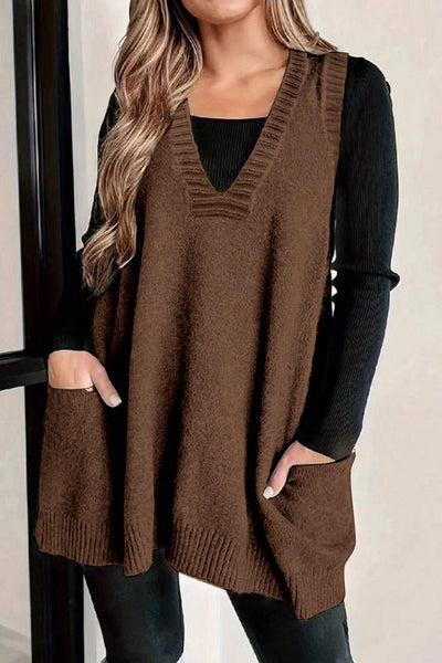 Women's Dark Brown Ribbed Tunic Sweater Vest with Deep V-Neck