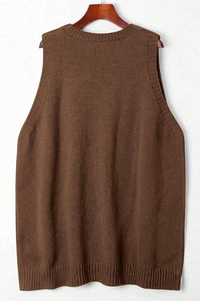 Women's Dark Brown Ribbed Tunic Sweater Vest with Deep V-Neck