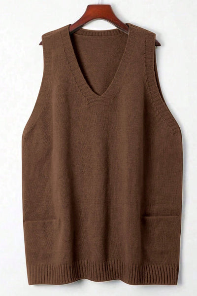 Women's Dark Brown Ribbed Tunic Sweater Vest with Deep V-Neck