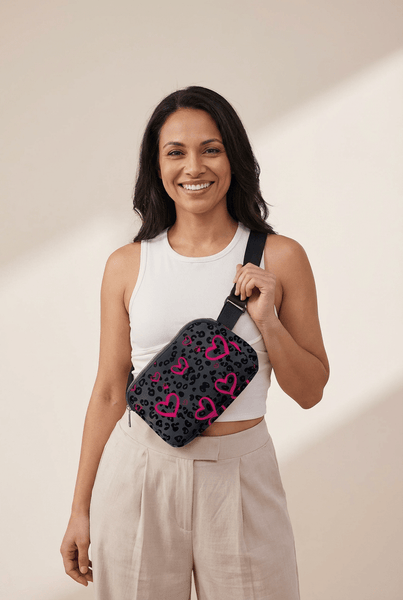 Women's Dark Grey Leopard and Pink Heart Canvas Crossbody Bag with practical styling and dependable silhouette control.