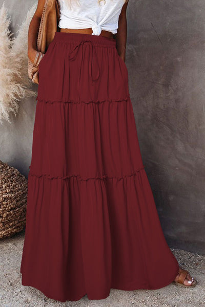 Women's Deep Crimson Tiered Maxi Skirt with Drawstring Waist