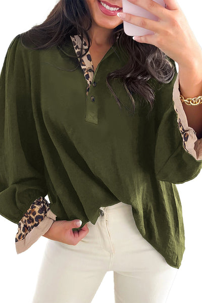 Women's Deep Olive Leopard Trim Polo Blouse with Ruffled Cuffs