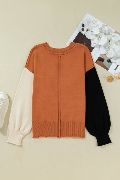Women's Desert Gold Colorblock V-Neck Sweater with Bubble Sleeves