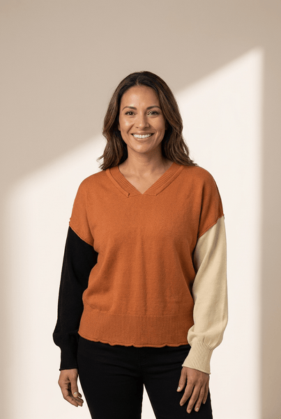 Women's Desert Gold Colorblock V-Neck Sweater with Bubble Sleeves