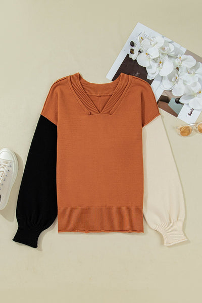 Women's Desert Gold Colorblock V-Neck Sweater with Bubble Sleeves
