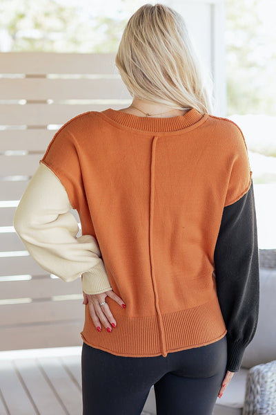 Women's Desert Gold Colorblock V-Neck Sweater with Bubble Sleeves