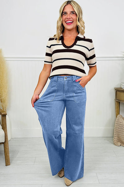 Women's Dusk Blue High-Waisted Wide Leg Jeans with Patch Pockets