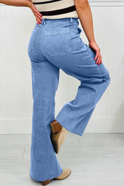 Women's Dusk Blue High-Waisted Wide Leg Jeans with Patch Pockets