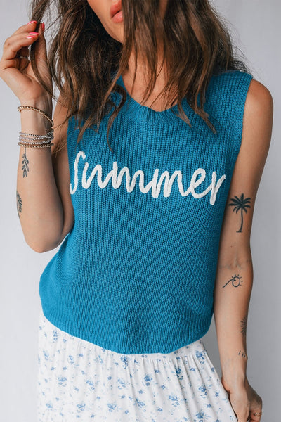 Women's Dusk Blue \"Summer\" Script Embroidered Knit Vest