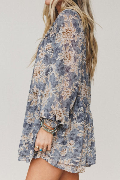 Women's Dusty Blue Floral Ruffle Romper with Long Bishop Sleeves