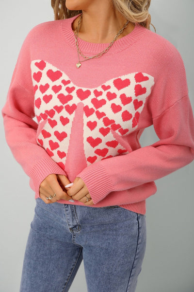 Women's Dusty Pink Heart Bow Intarsia Knit Sweater