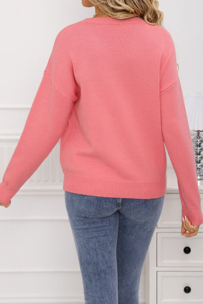 Women's Dusty Pink Heart Bow Intarsia Knit Sweater