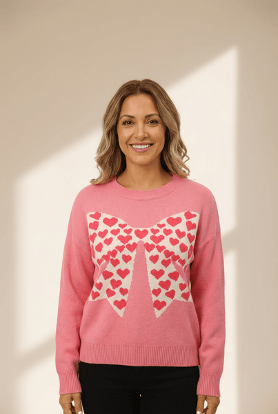 Women's Dusty Pink Heart Bow Intarsia Knit Sweater