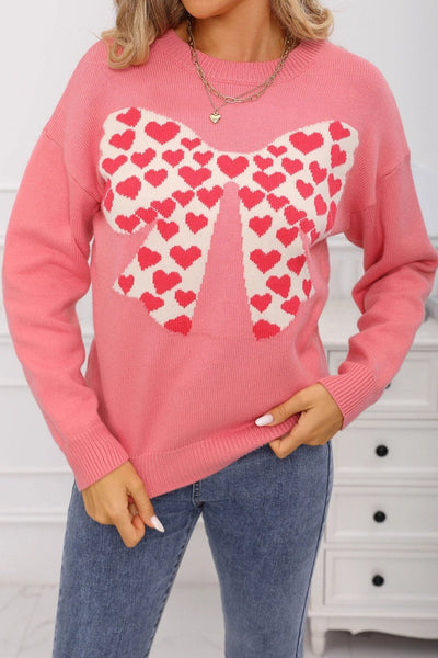 Women's Dusty Pink Heart Bow Intarsia Knit Sweater