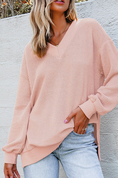 Women's Dusty Rose V-Neck Waffle Knit Thermal Tunic Top