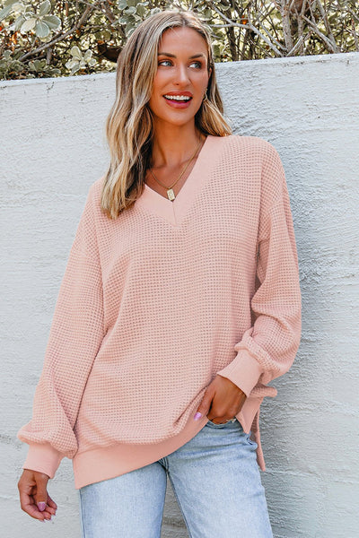 Women's Dusty Rose V-Neck Waffle Knit Thermal Tunic Top