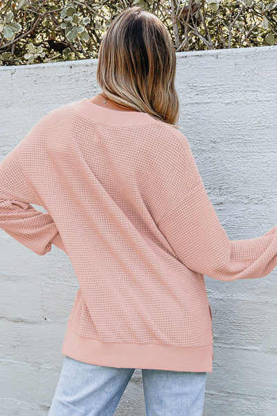 Women's Dusty Rose V-Neck Waffle Knit Thermal Tunic Top