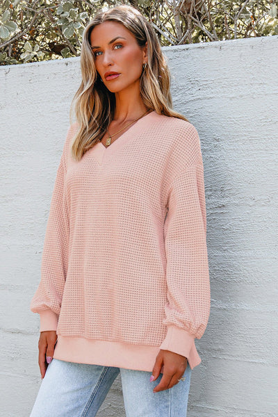 Women's Dusty Rose V-Neck Waffle Knit Thermal Tunic Top