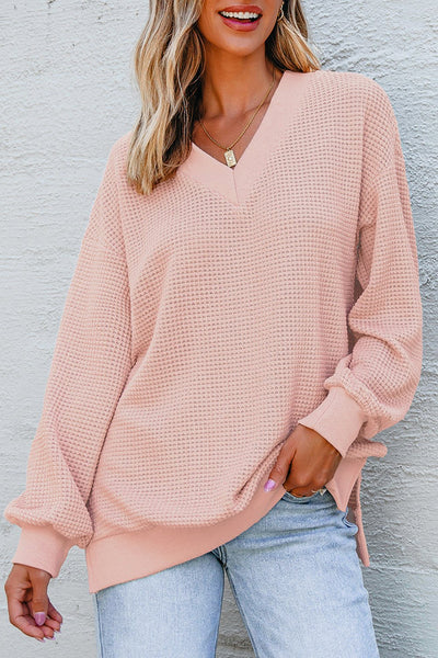 Women's Dusty Rose V-Neck Waffle Knit Thermal Tunic Top