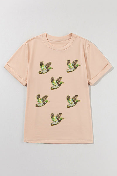 Women's Embellished Mallard Sequin Graphic Tee in Sand Khaki